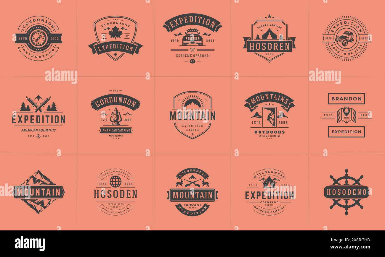 Modelli di logo e badge da campeggio elementi di design vettoriali e silhouette. Avventura all'aperto, montagne e campi forestali emblemi in stile vintage e l Illustrazione Vettoriale