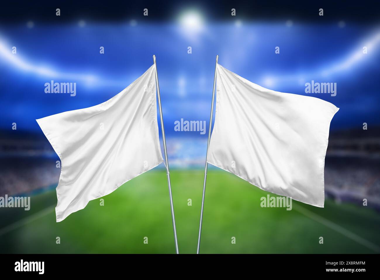 Due bandiere bianche sullo sfondo di uno stadio di calcio, perfette per promuovere i loghi delle squadre e i modelli delle partite. Pulire la trama dell'indicatore Foto Stock