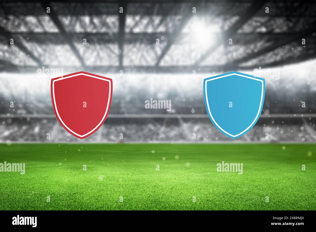 Logo rosso e blu dello scudo da calcio per la promozione sullo sfondo di uno stadio di calcio, perfetto per la pubblicità e il branding negli eventi calcistici Foto Stock