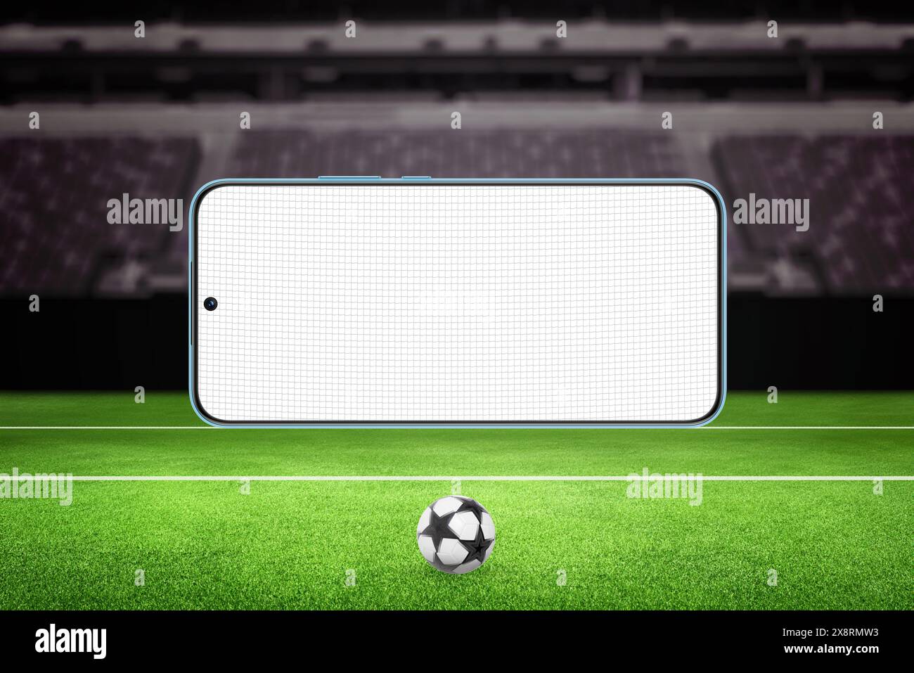 Telefono cellulare raffigurato come un obiettivo di calcio con una rete su un campo, simbolo delle applicazioni sportive e della tecnologia nello sport Foto Stock