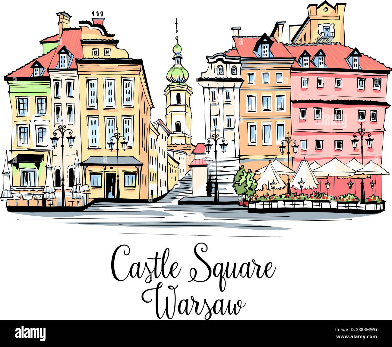 Schizzo vettoriale a colori di Piazza del Castello nella città vecchia di Varsavia, Polonia. Illustrazione Vettoriale