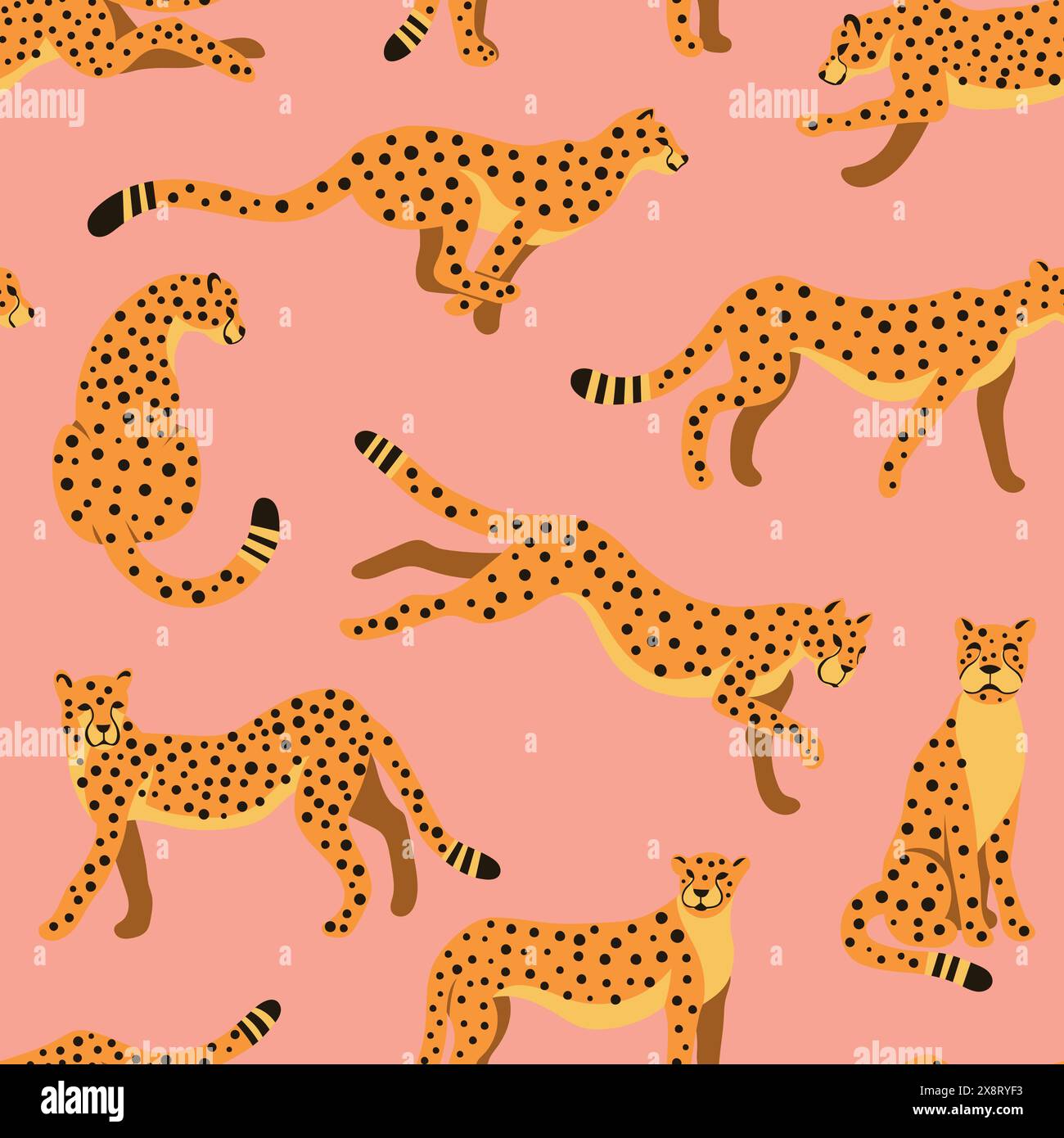 Graziose figure di ghepardi in movimento, che corrono, cacciano, saltano su sfondo rosa. Motivo vettoriale senza cuciture per abbigliamento per bambini e animali da zoo Illustrazione Vettoriale