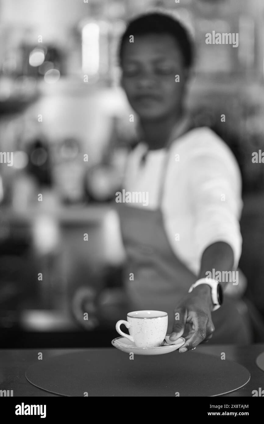 Barista cordiale in un grembiule che serve una tazza di caffè in un'atmosfera calda e invitante Foto Stock