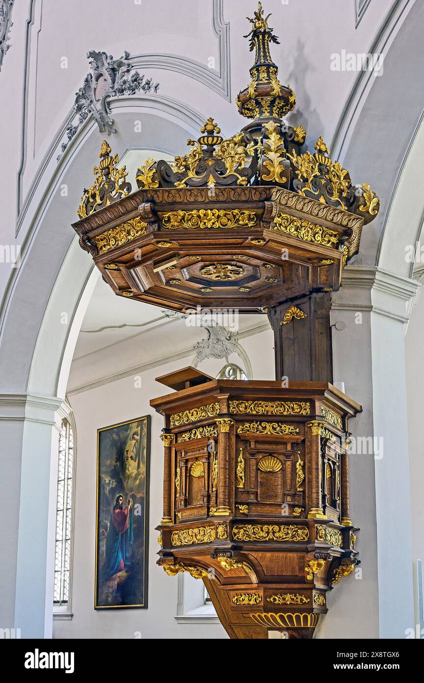 Pulpito, Chiesa di S. Mang, Kempten, Allgaeu, Baviera, Germania Foto Stock