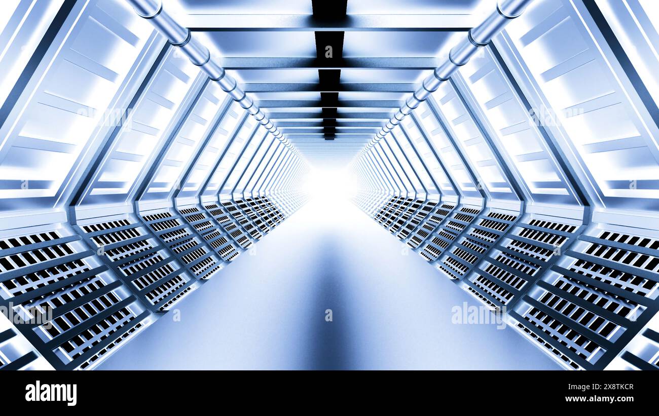 Animazione su astronavi o laboratori scientifici. Design. Corridoio alieno fantascientifico con bagliore metallizzato. Foto Stock