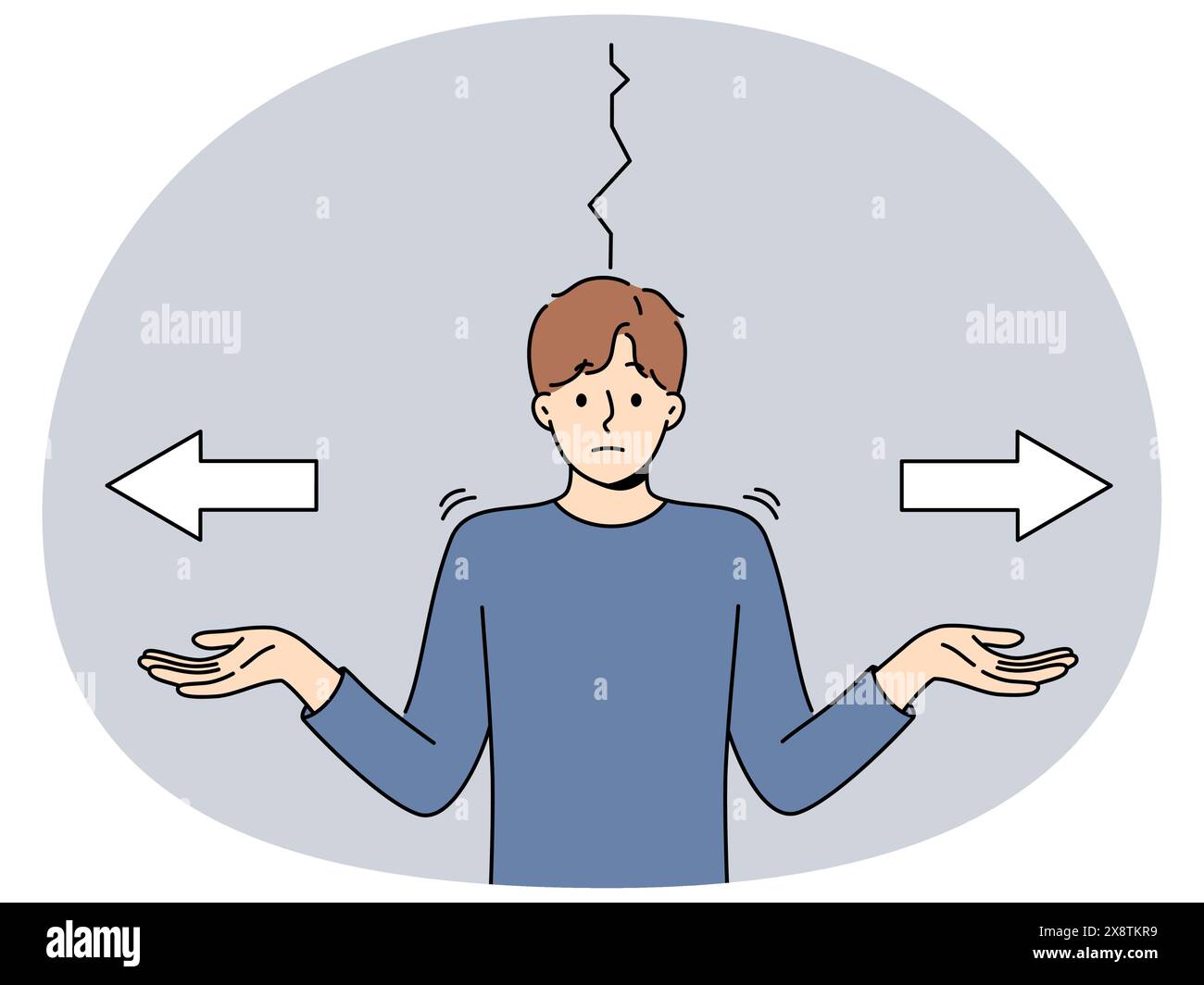 L'uomo perplesso non può prendere decisioni e diffonde le mani in piedi accanto a frecce che puntano in direzioni diverse. Un ragazzo perplesso deve affrontare scelte difficili e si allontana dalle spalle per chiedere aiuto Illustrazione Vettoriale