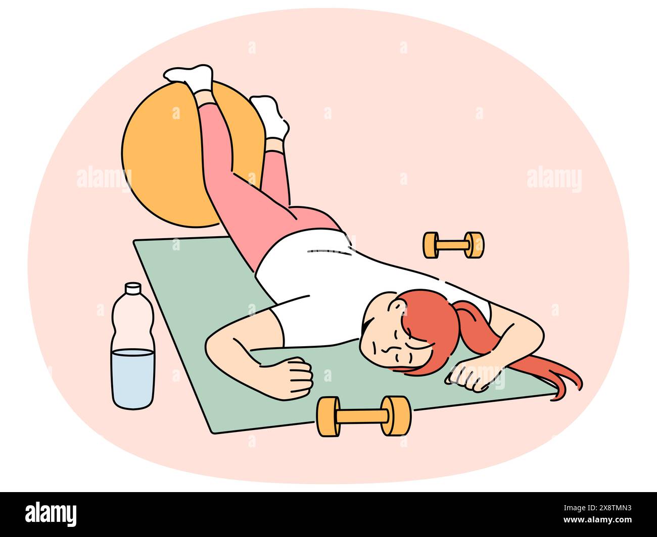 Una donna esausta nella sala fitness si è addormentata sul tappetino per lo yoga sportivo e ha bisogno di riposarsi dopo l'allenamento. La ragazza pigra dorme nel fitness club, non vuole fare atletica e ascoltare i consigli del personal trainer Illustrazione Vettoriale