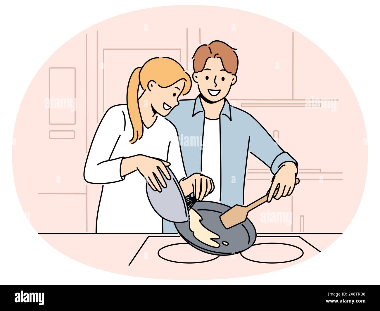 La coppia sposata prepara la colazione godendosi la domenica mattina e sperimentando la felicità di comunicare con la persona amata. Felice coppia di uomini e donne che cucinano pancake o omelette insieme Illustrazione Vettoriale