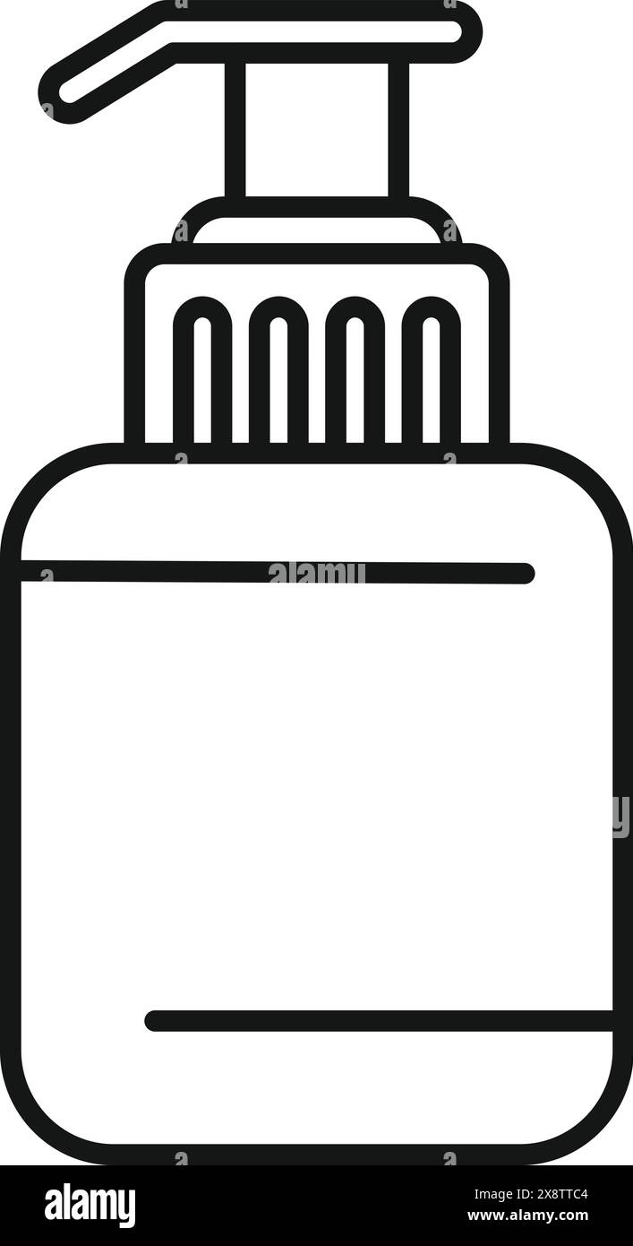 La linea in bianco e nero di una bottiglia con pompetta per sapone liquido, adatta per design igienici Illustrazione Vettoriale