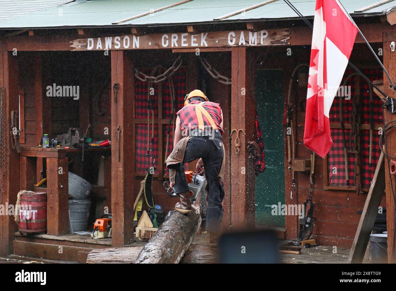 Obstacle Pole, Great Alaskan Lumberjack Show, Ketchikan, Revillagigedo Island, Clarence Strait, Alaska, Stati Uniti, Golfo dell'Alaska, Nord America Foto Stock