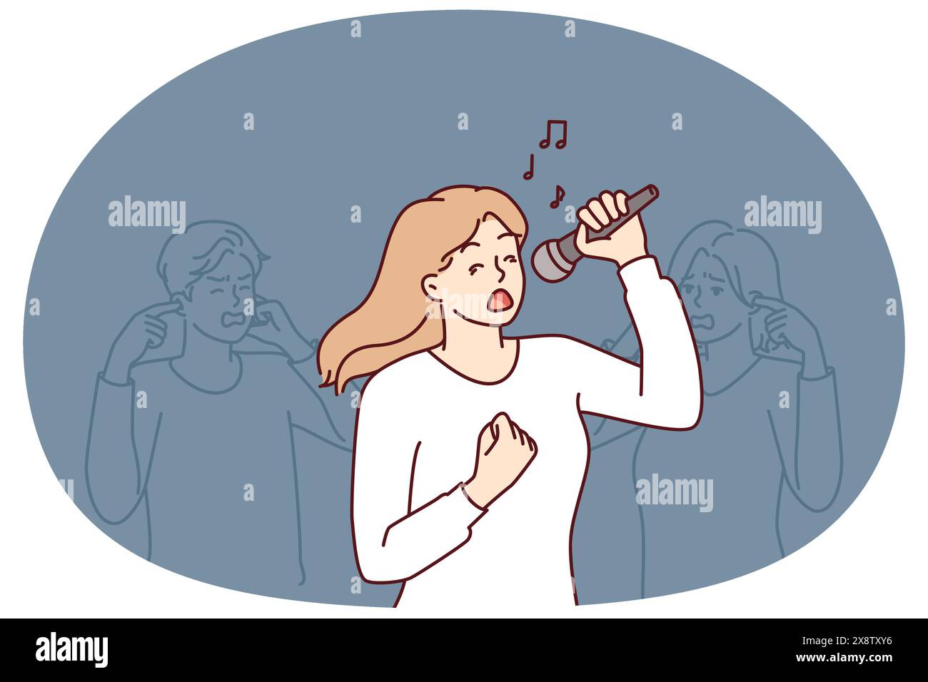 Donna canta in karaoke in piedi vicino agli amici che coprono le orecchie a causa di voce insopportabile o alto volume. Ragazza che soffre di stress esegue canzoni in Karaoke, impedendo alle persone intorno di rilassarsi Illustrazione Vettoriale