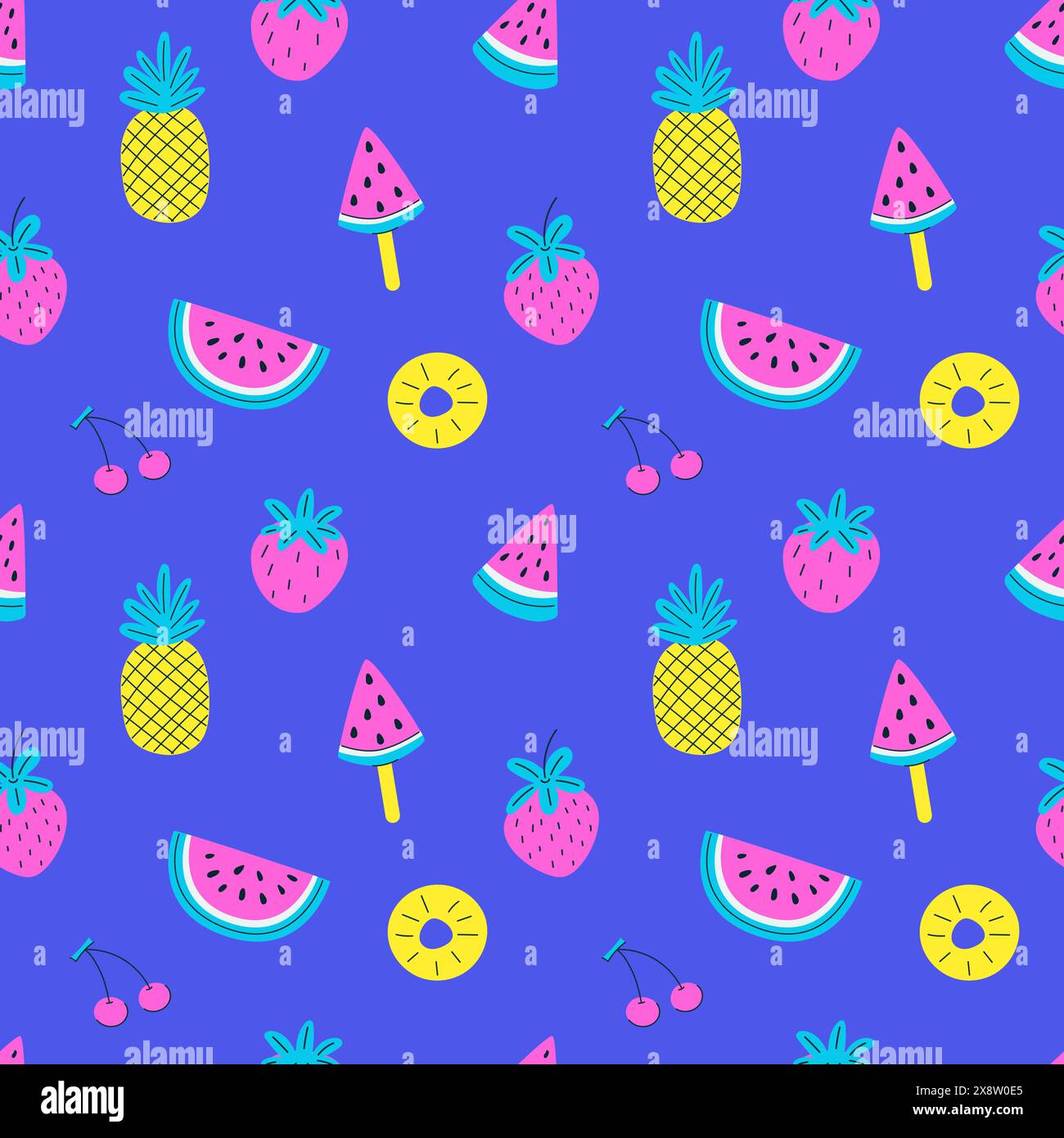 Motivo luminoso e colorato senza cuciture con frutta estiva. Design allegro e divertente disegnato a mano. Colori brillanti e neon. Cartoni vettoriali elementi semplici su una B. Illustrazione Vettoriale
