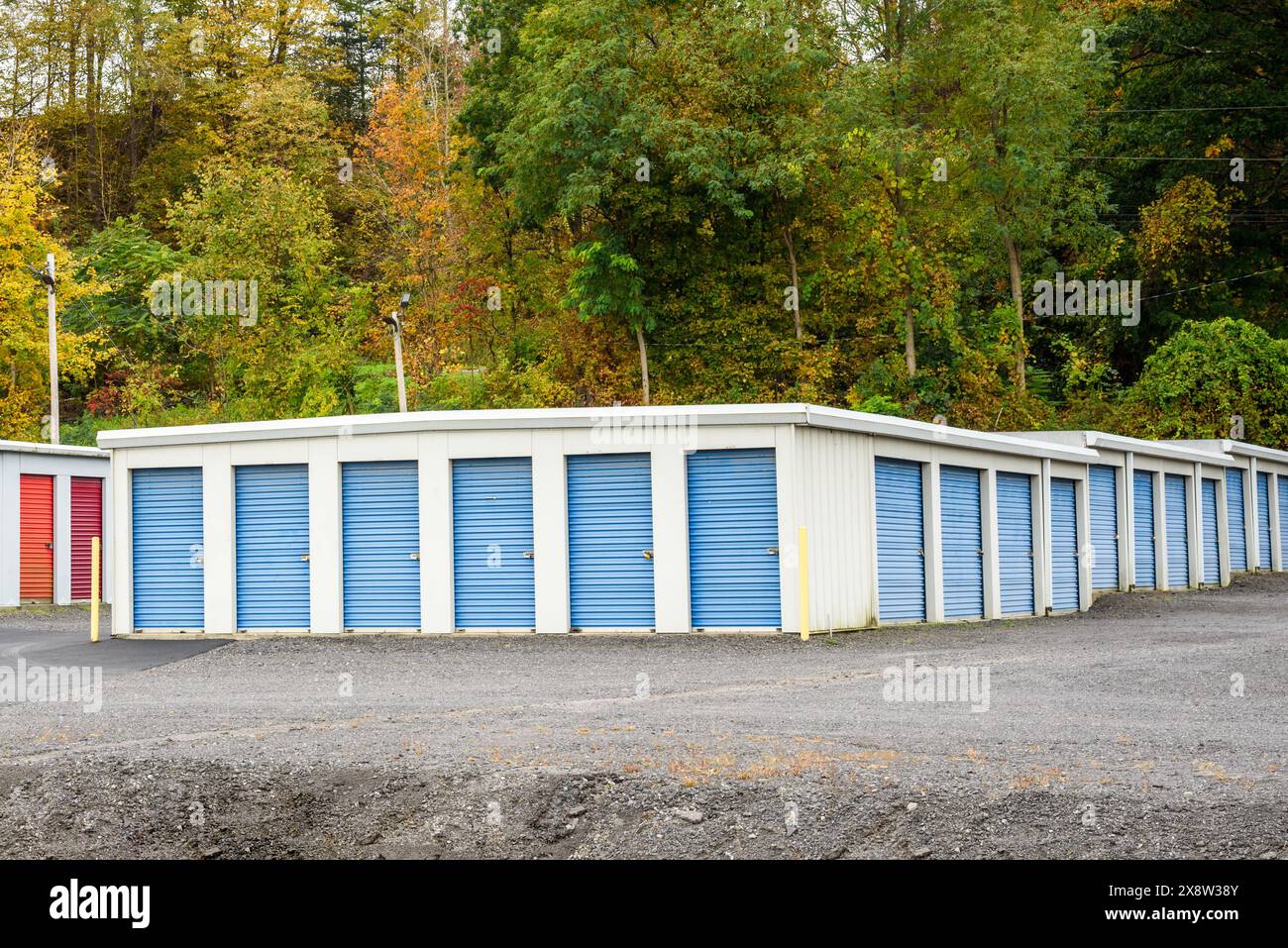 File di unità di stoccaggio con alberi autunnali colorati sullo sfondo Foto Stock