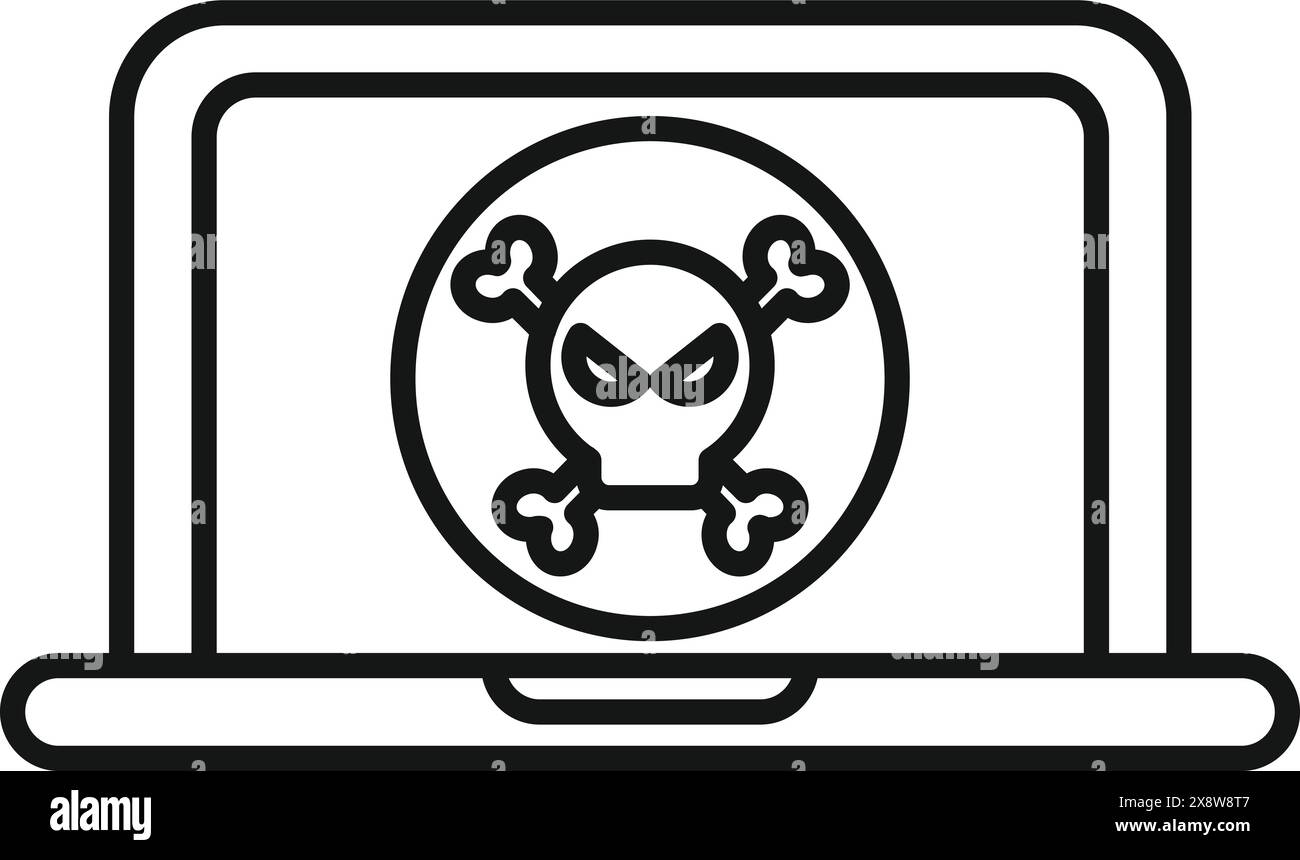 Immagine vettoriale di un notebook che mostra il simbolo del cranio e delle ossa incrociate, che rappresenta una minaccia per la sicurezza informatica Illustrazione Vettoriale