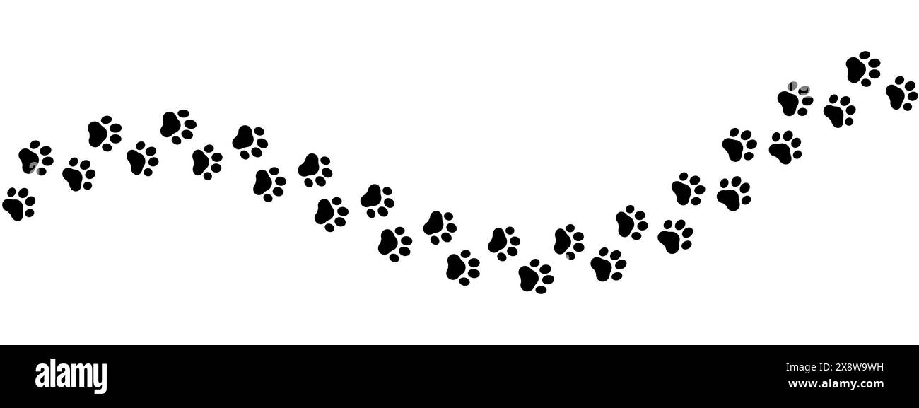 Impronta Paw di un cane o di un gatto. Impronta animale domestico. Linee nere stampe animali isolate su sfondo bianco. Zampe di tigre. Carino schema canino. Pista per cuccioli. Felino Illustrazione Vettoriale