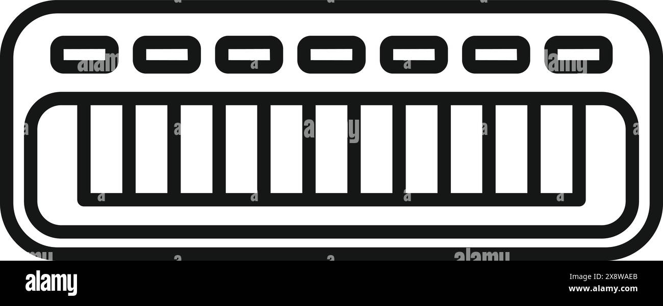 Linee in bianco e nero di un moderno sintetizzatore per tastiera per la produzione musicale Illustrazione Vettoriale