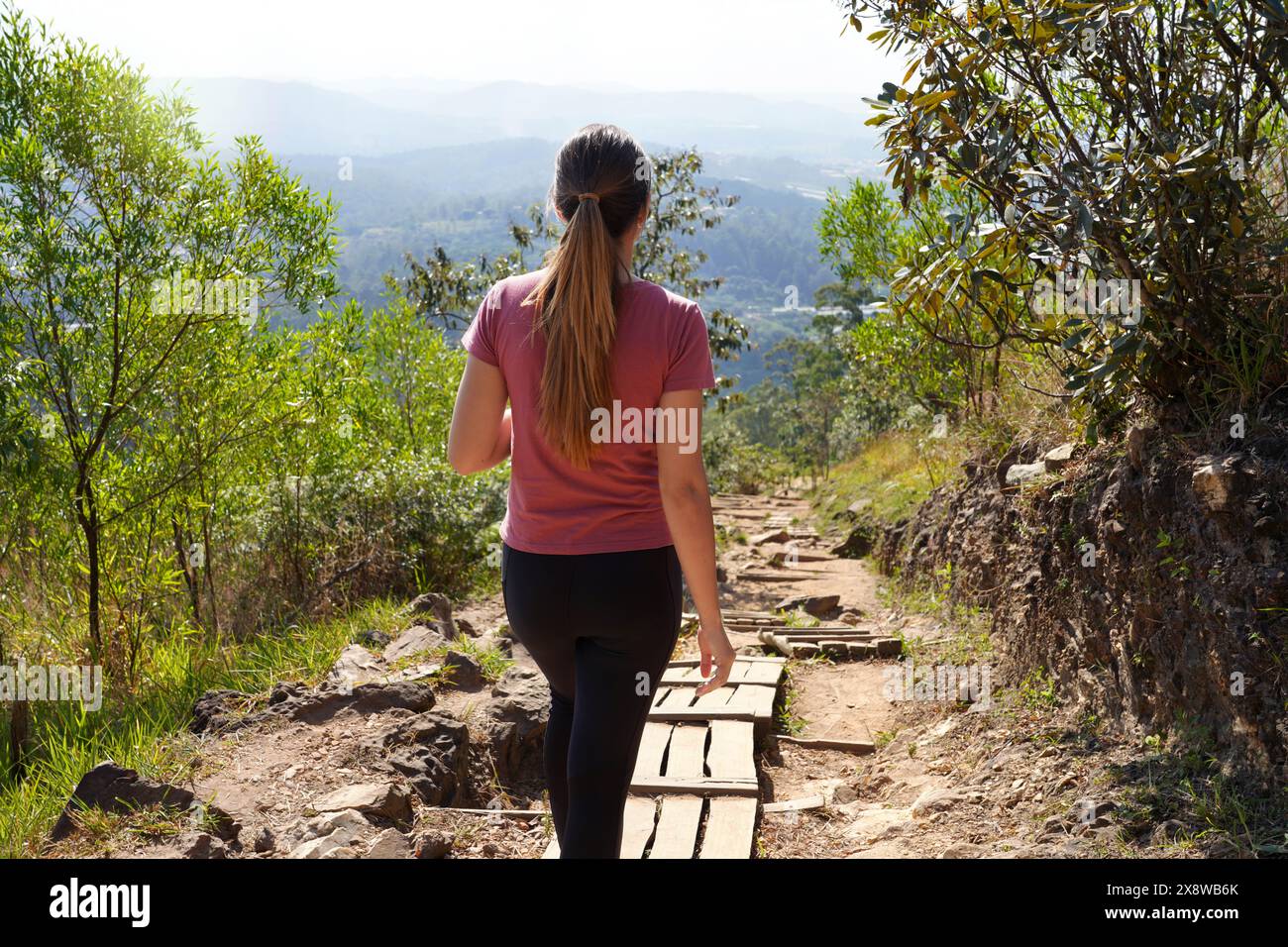 Jaragua State Park, San Paolo, Brasile. Una giovane escursionista cammina sul sentiero Trilha do Pai Ze sul picco Jaragua a San Paolo, Brasile. Foto Stock