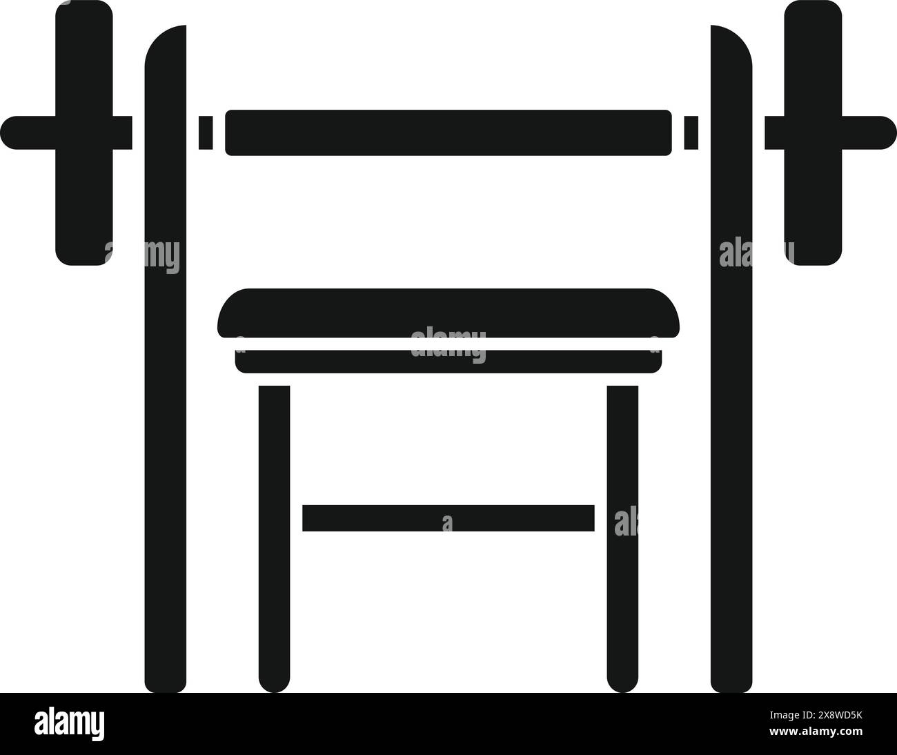 Icona della pressa per panca da palestra per fitness e sollevamento pesi con un semplice design piatto in bianco e nero, illustrazione vettoriale isolata di robuste attrezzature per l'allenamento di forza e il bodybuilding Illustrazione Vettoriale
