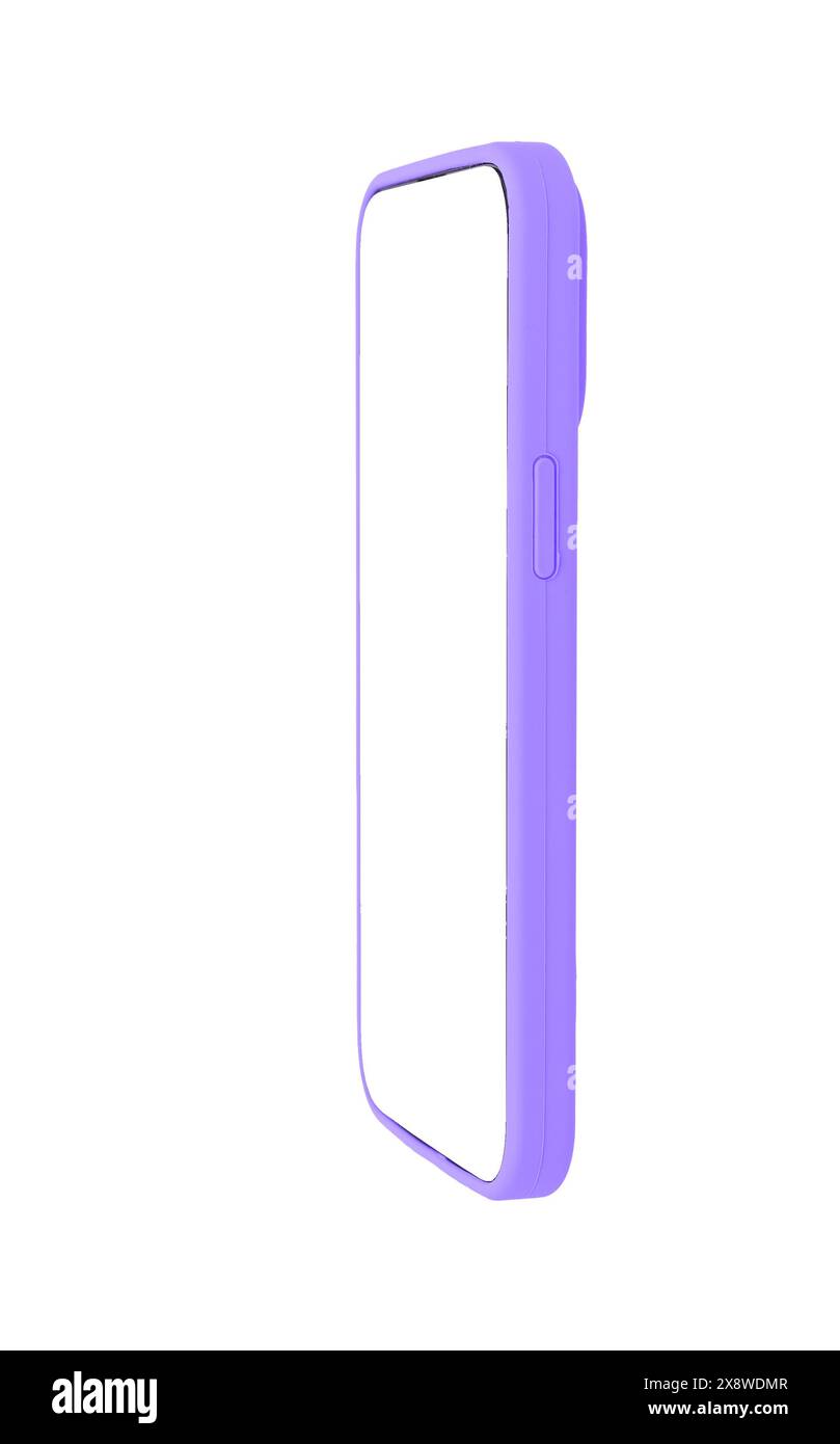 Modello di telefono con schermo bianco, design della custodia. Smartphone moderno, cornice vuota trasparente, tecnologia per app digitali. Luminoso display verticale colorato, angolo Foto Stock