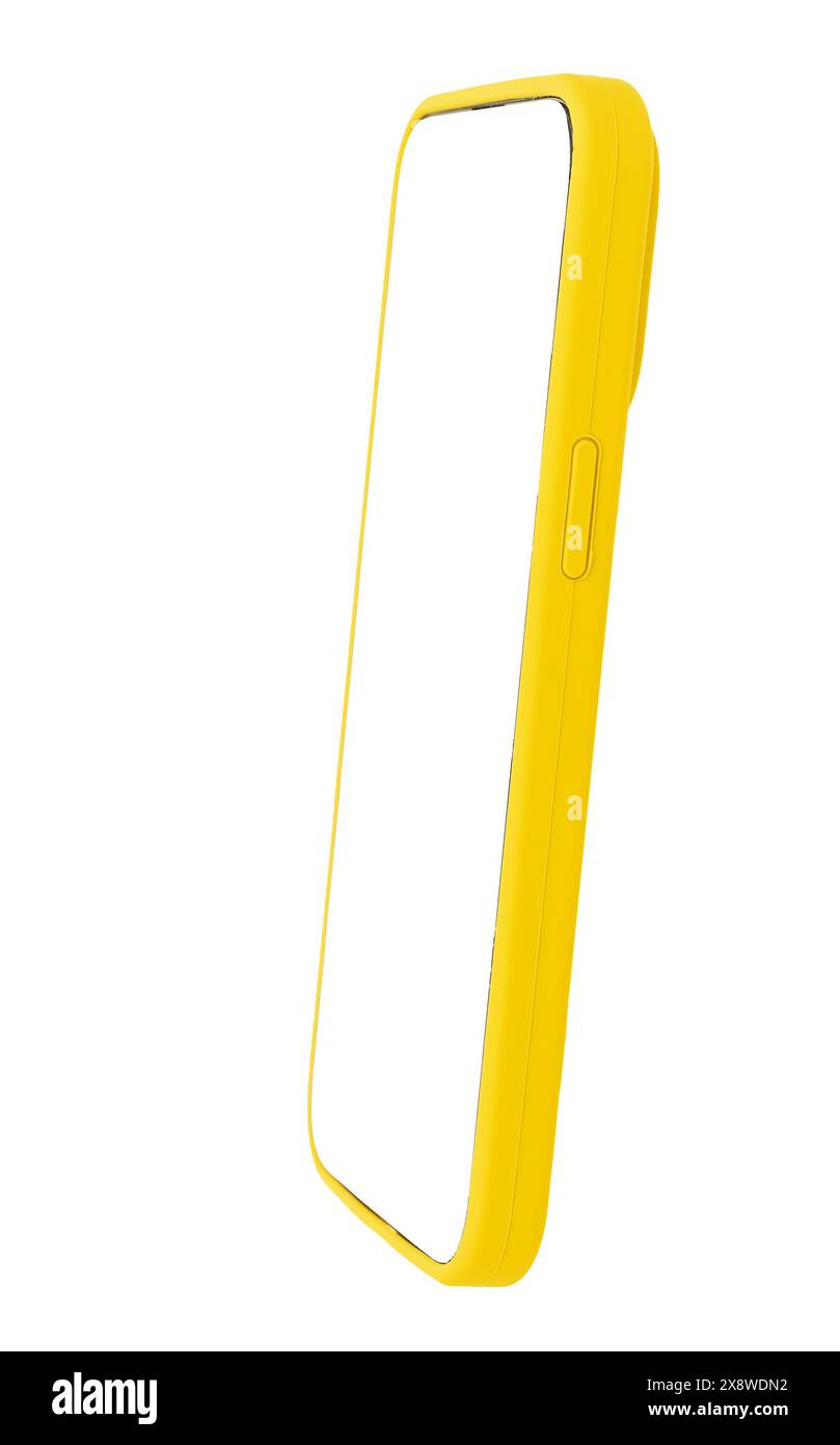Modello di telefono con custodia gialla, schermo bianco. Smartphone moderno, struttura trasparente e vuota, tecnologia digitale per app. Luminoso display verticale colorato Foto Stock