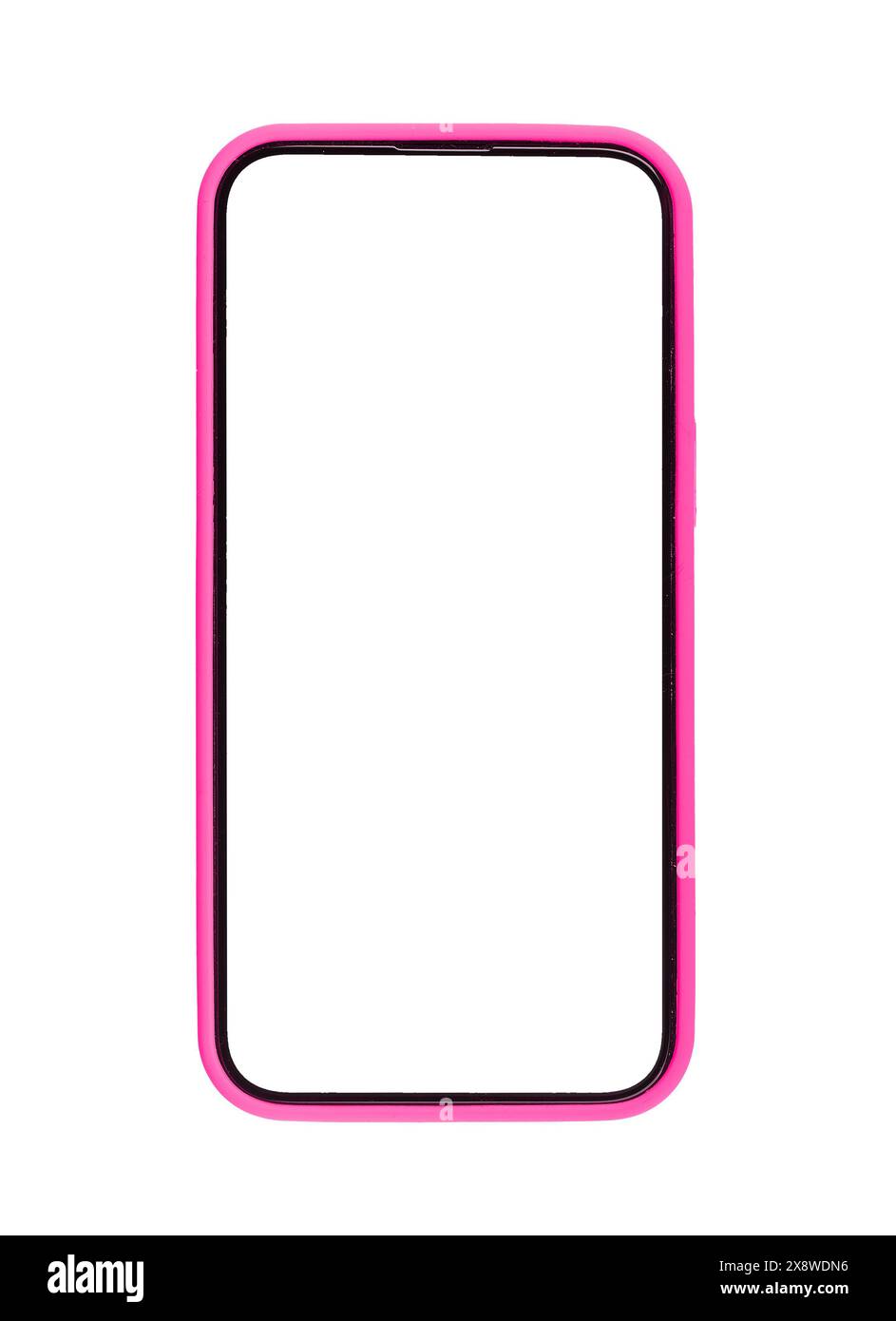 Modello di telefono con schermo bianco, design della custodia. Smartphone moderno, cornice trasparente vuota, tecnologia digitale per app. Luminoso display verticale colorato, anteriore Foto Stock