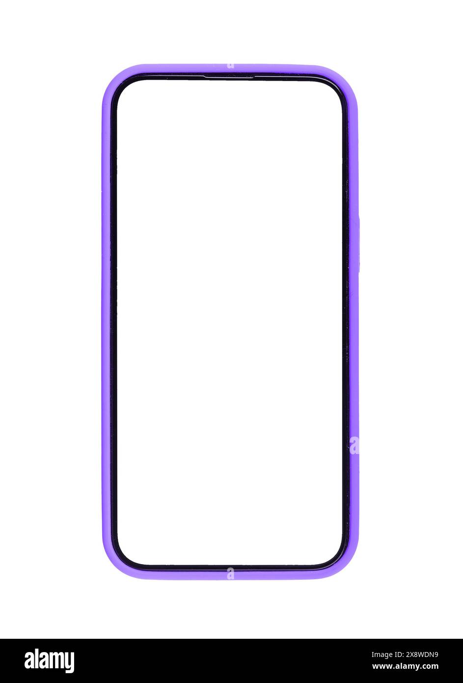 Modello di telefono con schermo bianco, design della custodia. Smartphone moderno, cornice trasparente vuota, tecnologia digitale per app. Luminoso display verticale colorato, anteriore Foto Stock