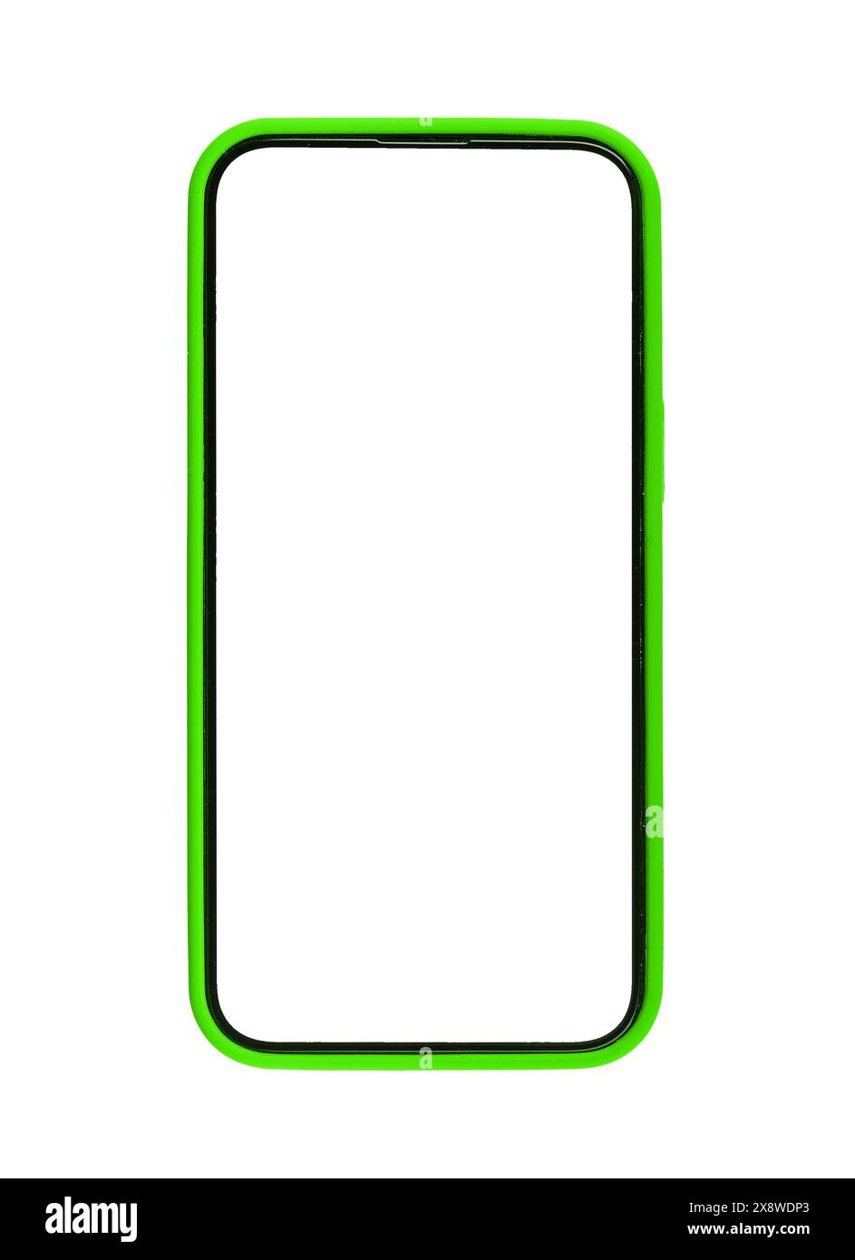 Modello di telefono con schermo bianco, design della custodia. Smartphone moderno, cornice vuota trasparente, tecnologia per app digitali. Luminoso display verticale colorato, anteriore Foto Stock