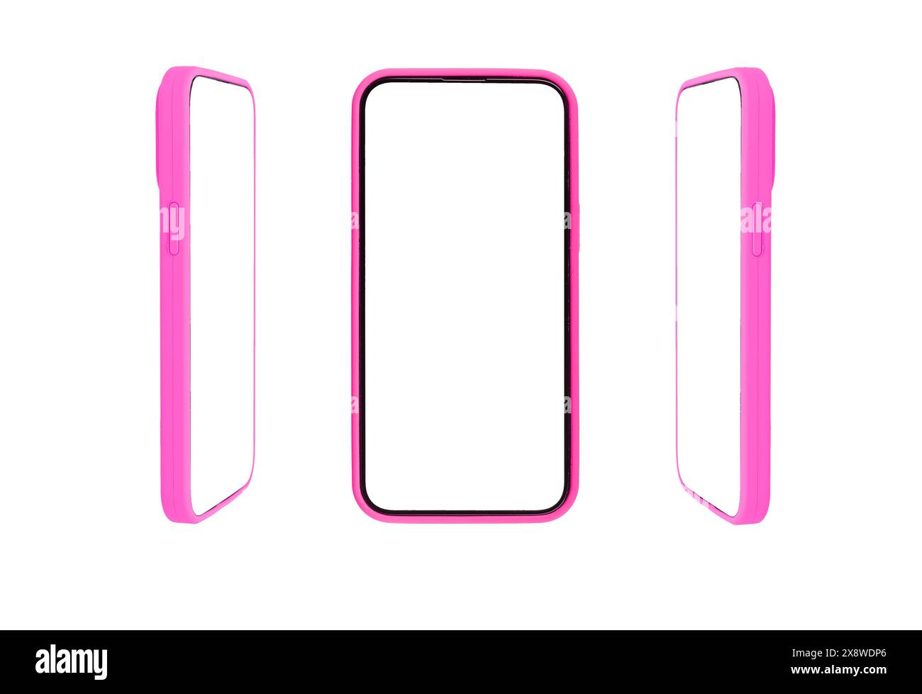 Modello di telefono con schermo bianco, design della custodia. Smartphone moderno, cornice trasparente vuota, tecnologia per app digitali. Luminoso display verticale colorato, angolo Foto Stock