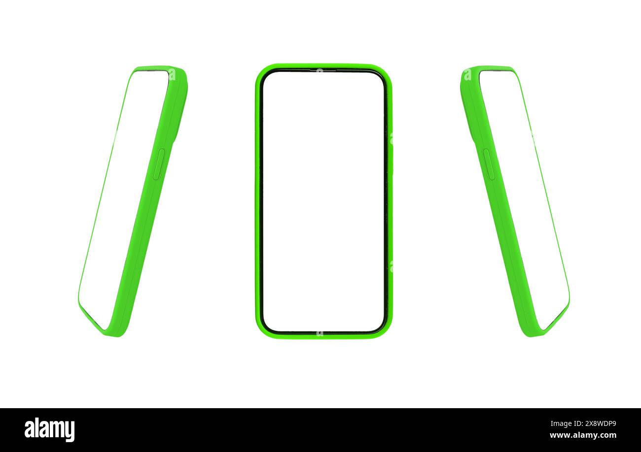 Modello di telefono con schermo bianco, design della custodia. Smartphone moderno, cornice vuota trasparente, tecnologia digitale per app. Luminoso display verticale colorato, angolo Foto Stock