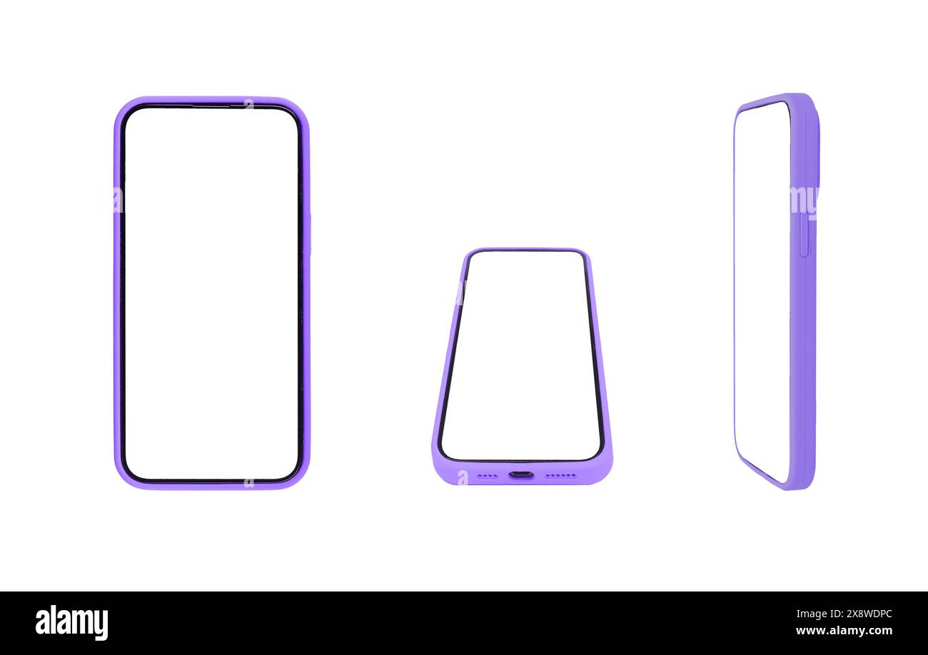 Modello di telefono con schermo bianco, design della custodia. Smartphone moderno, cornice vuota trasparente, tecnologia per app digitali. Luminoso display verticale colorato, angolo Foto Stock