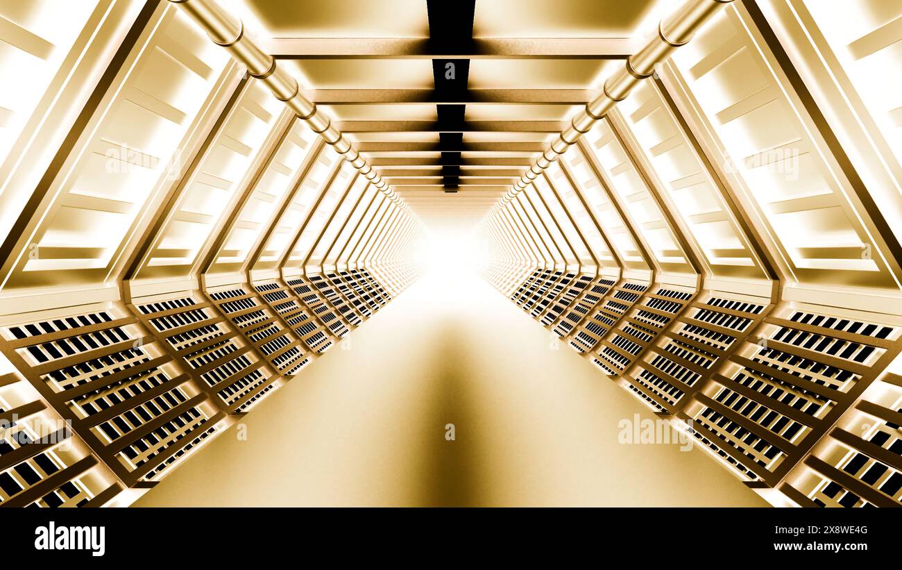 Animazione su astronavi o laboratori scientifici. Design. Corridoio alieno fantascientifico con bagliore metallizzato. Foto Stock