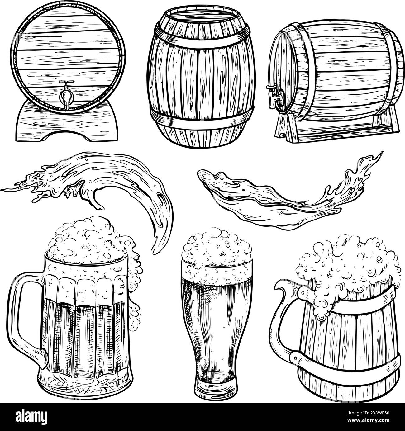 Botti di legno e tazze da birra. Illustrazioni disegnate a mano con grafica vettoriale in bianco e nero. Elementi di clipart per la progettazione di etichette, imballaggi, Illustrazione Vettoriale