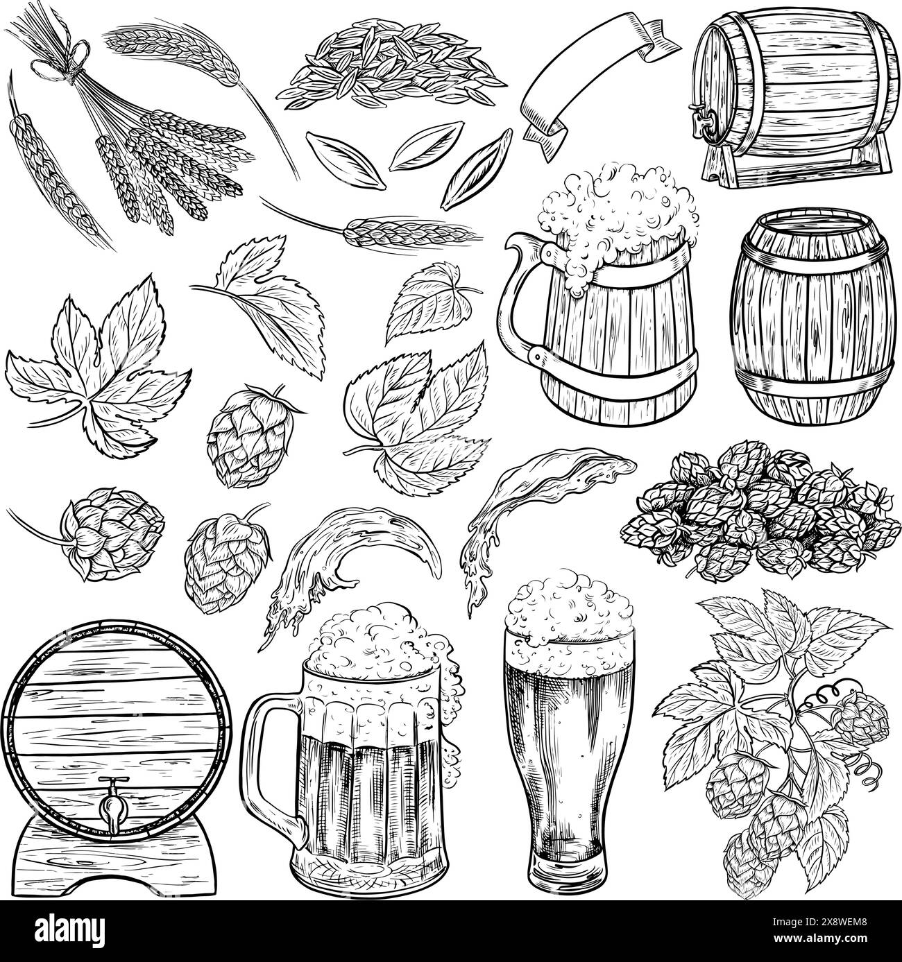 Un set con elementi di birra. Botti di legno e tazze da birra, malto e luppolo. Illustrazioni disegnate a mano con grafica vettoriale in bianco e nero. Clipart per Illustrazione Vettoriale