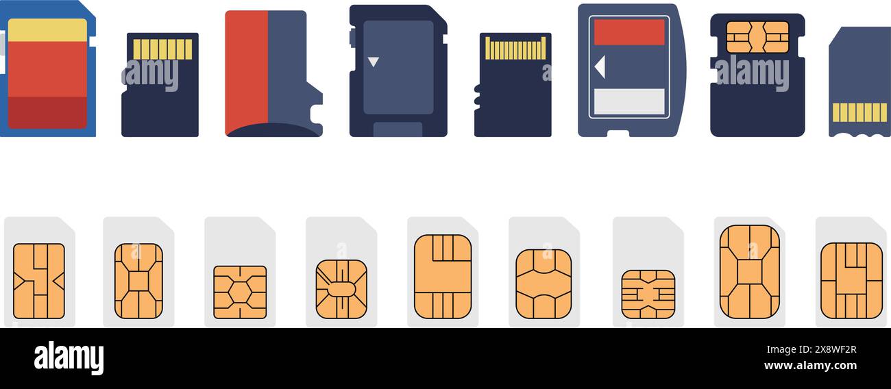 Lettori e memory stick. Schede diverse per computer, fotocamera, smartphone o televisione. Schede SIM con diversi chip di sicurezza, vettore decente Illustrazione Vettoriale