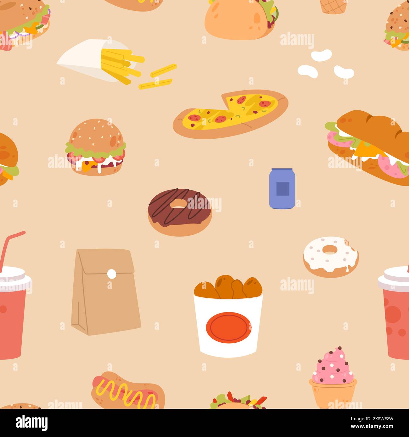 Gustoso hamburger, pizza, ciambelle e bevande, senza cuciture. Design di stampa fast food per l'avvolgimento o il tessuto. Consegna al caffè, ristorante, cucina vettoriale Illustrazione Vettoriale