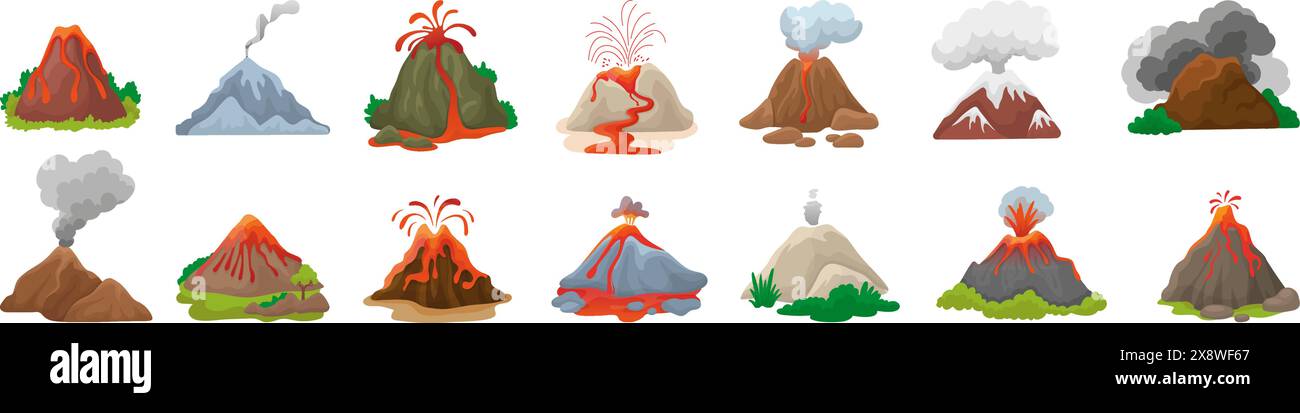 Eruzione vulcanica a cartoni animati. Processi vulcanici, disastri naturali con fontane, fiamme, ceneri e fumo. Elementi della natura, insieme di vettori neoterici Illustrazione Vettoriale