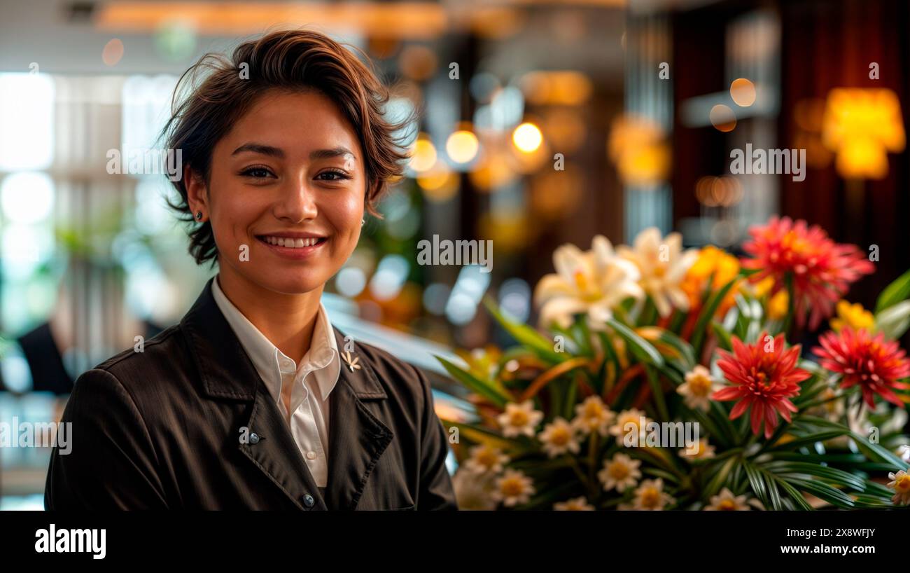 Sorridente receptionist asiatica transgender in una lobby calda illuminata con fiori colorati. Foto Stock