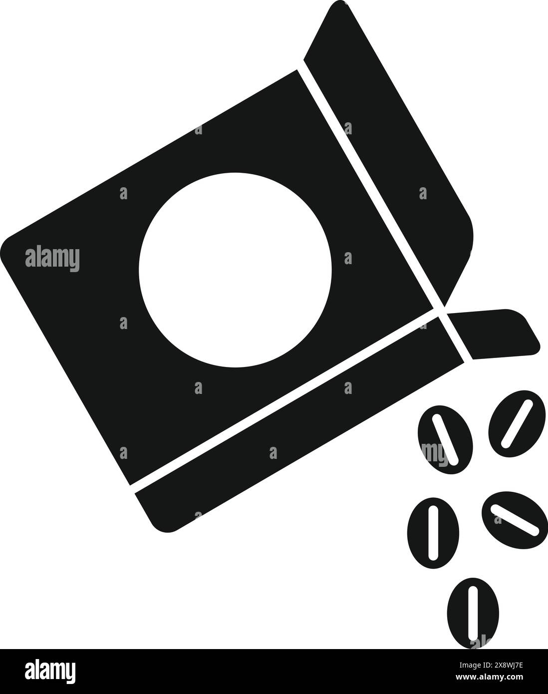 Icona vettoriale silhouette che raffigura un macinacaffè manuale e chicchi di caffè sparsi Illustrazione Vettoriale