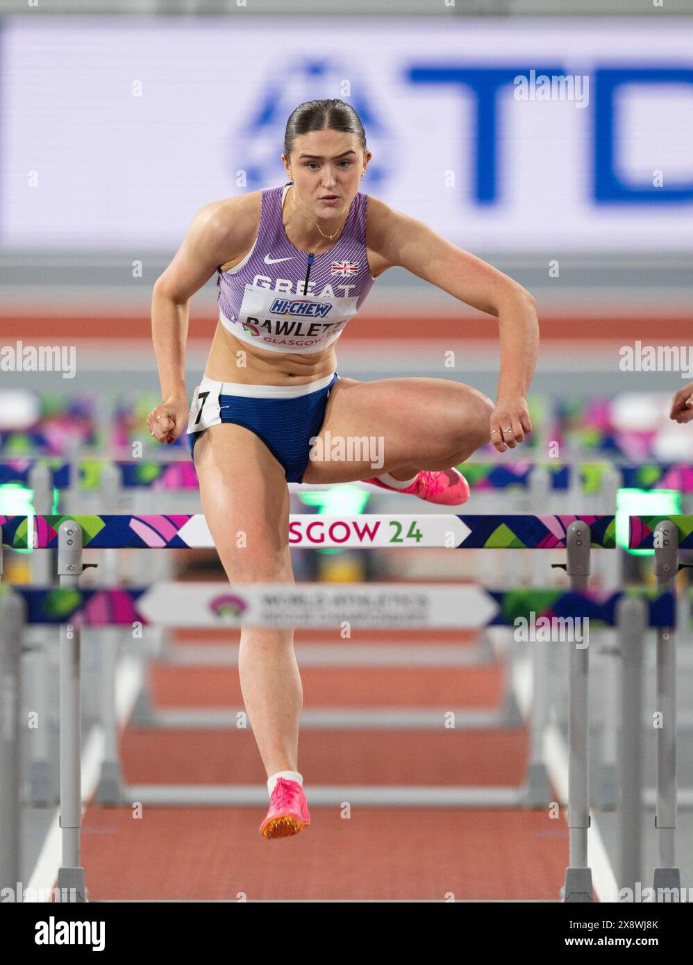 Abigail Pawlett della Gran Bretagna gareggia nel pentathlon di 60 m ostacoli il giorno 1 ai Campionati mondiali di atletica leggera indoor, Emirates Arena, Glasgow Foto Stock