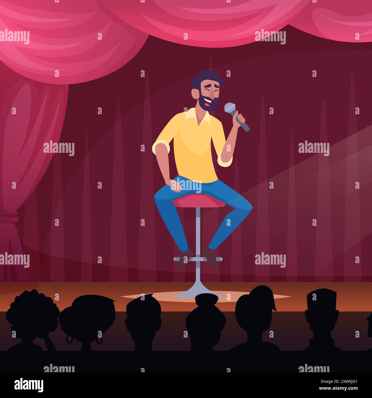 Personaggi comici in piedi seduti sulla scena e con il microfono in mano Illustrazione Vettoriale