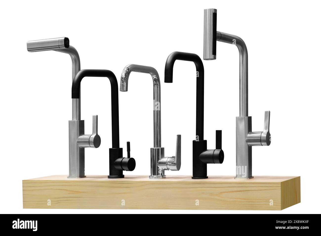 Una fila di rubinetti è esposta su un ripiano di legno. I rubinetti sono di forme e dimensioni diverse e sono disposti in modo da evidenziarne le caratteristiche Foto Stock