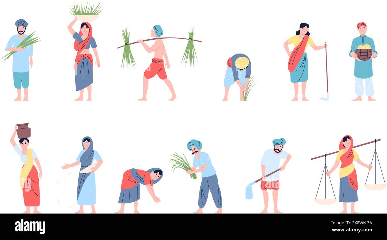 Contadini indiani tradizionali. I personaggi delle fattorie rurali che lavorano con diversi attrezzi, portano le ciotole sulla testa e sul campo di aratura. Agricoltura asiatica recente Illustrazione Vettoriale