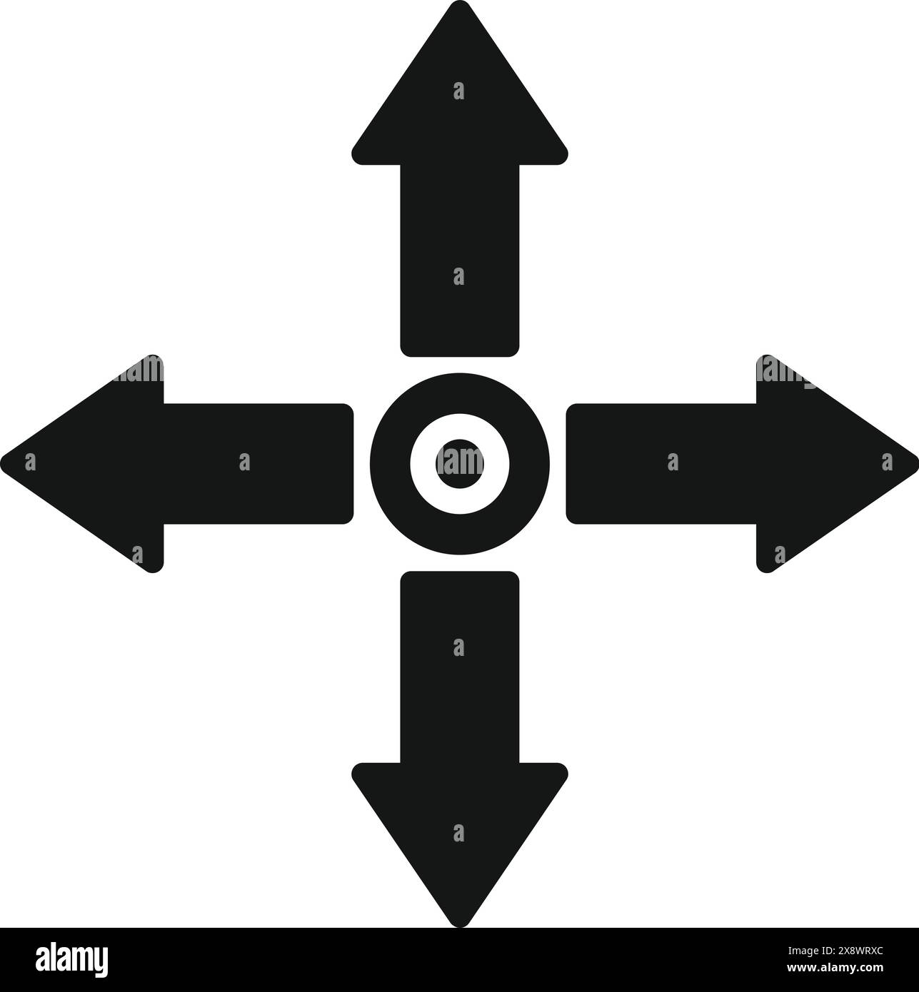 Icona direzionale nera a quattro frecce rivolta verso l'alto, il basso, sinistra e destra per la navigazione e il design dell'interfaccia utente, con viaggi versatili e concetto minimalista Illustrazione Vettoriale
