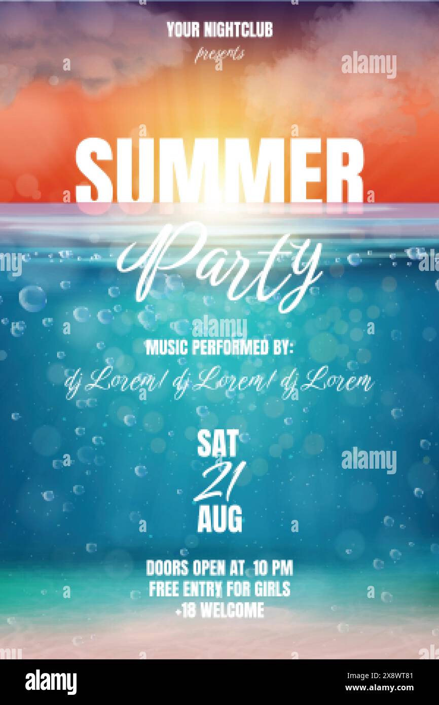 Poster sott'acqua realistico. Piscina Summer Beach Party invito flyer, lago di mare natura sotto l'orizzonte dell'acqua, banner club immersioni evento onde oceaniche, illustrazione vettoriale esatta di annuncio discoteca Illustrazione Vettoriale