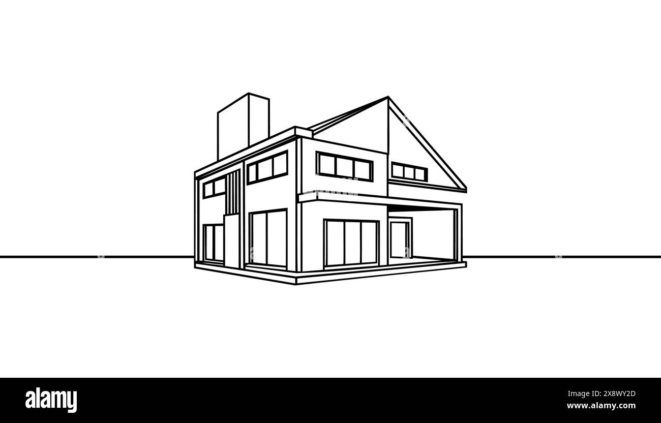 Casa moderna o edificio commerciale in stile disegno artistico a linea continua. L'architettura moderna è isolata su sfondo bianco. Illustrazione vettoriale Illustrazione Vettoriale