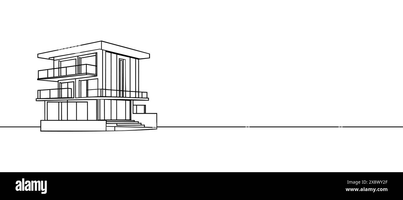 Casa moderna o edificio commerciale in stile disegno artistico a linea continua. L'architettura moderna è isolata su sfondo bianco. Illustrazione vettoriale Illustrazione Vettoriale