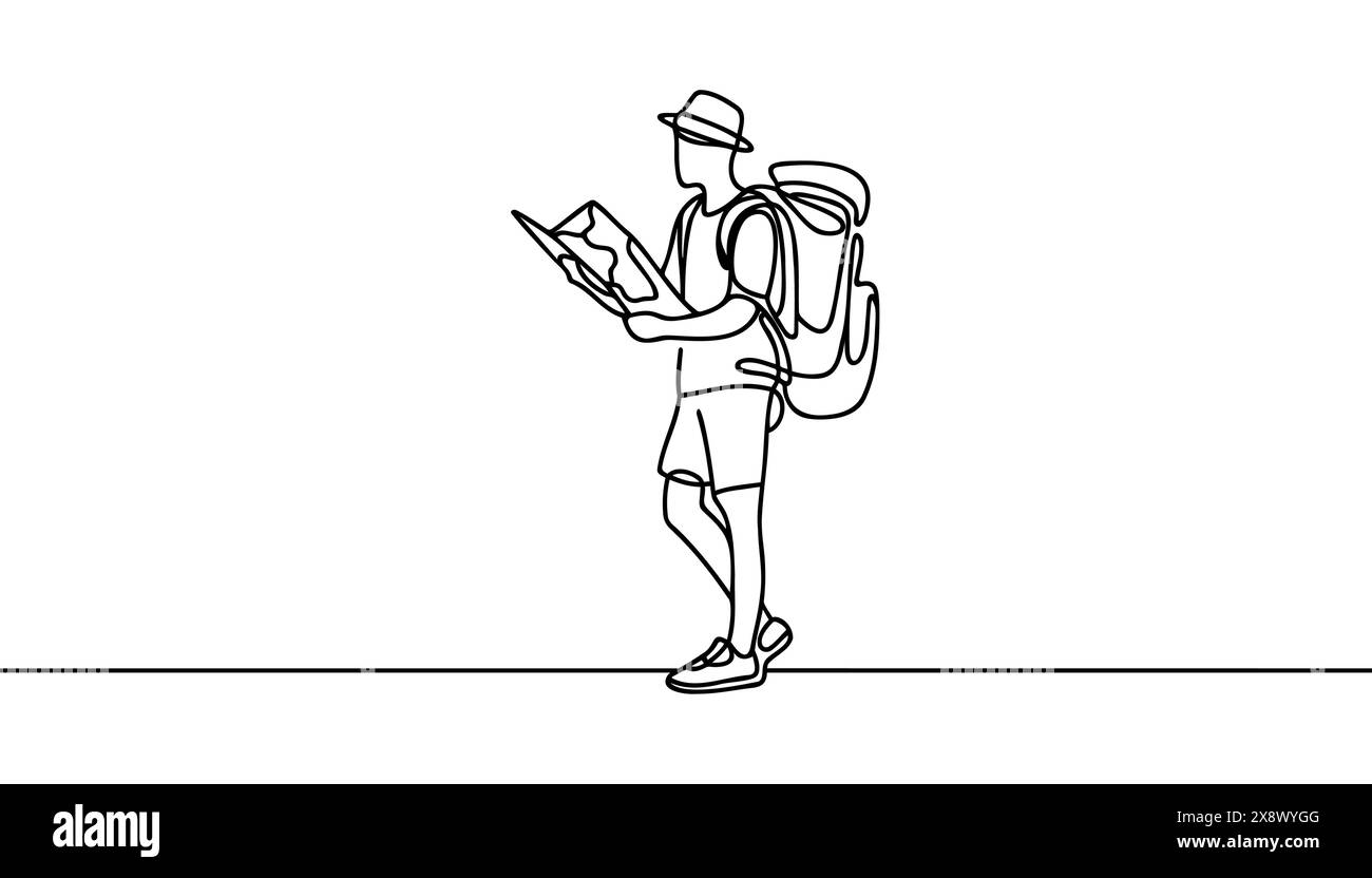 Disegno a una sola linea. Escursionista o viaggiatore che guarda una mappa. Avventura su terreni montuosi. Escursioni, turismo avventura, viaggi. Illustrazione vettoriale Illustrazione Vettoriale