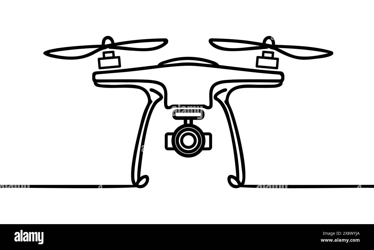 Disegno di una sola linea di un aereo drone volante, illustrazione grafica di un vettore aereo senza equipaggio. Gadget Air moderno per videografia Illustrazione Vettoriale