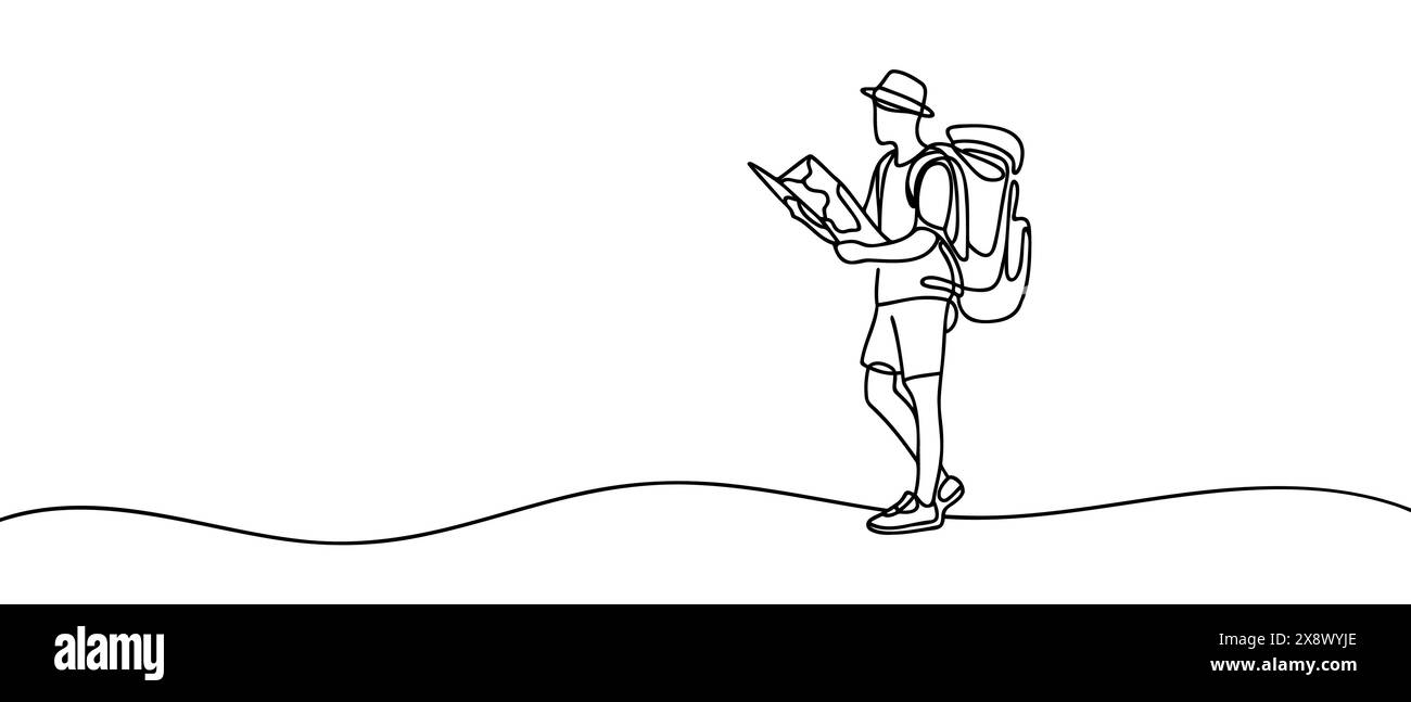 Disegno a una sola linea. Escursionista o viaggiatore che guarda una mappa. Avventura su terreni montuosi. Escursioni, turismo avventura, viaggi. Illustrazione vettoriale. Illustrazione Vettoriale