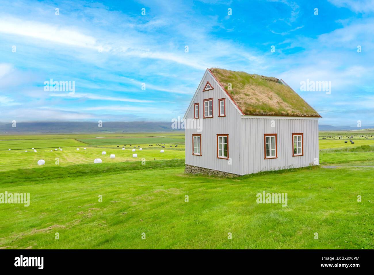 Uffici Gilsstofa informazioni nel Glaumbaer Folk Museum, una casa in legno del XIX secolo rappresenta il tipo di edificio a Varmahlio, Islanda Foto Stock